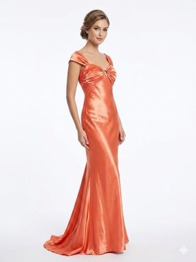 Betsy & Adam Coral-Orange Satin Cap Sleeve Evening Gown